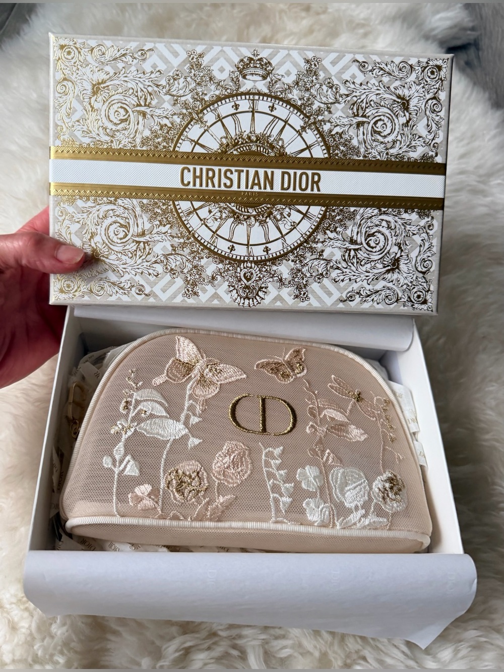 Dior Mesh Butterfly Pouch NEW in Gold & White Christian Dior Box w Dior Confetti